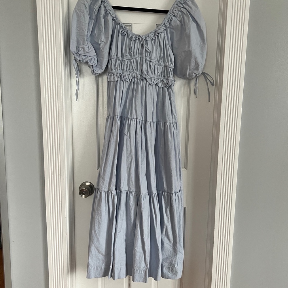 En Saison Light Blue Puff-Sleeve Tiered Dress - Picture 3 of 6